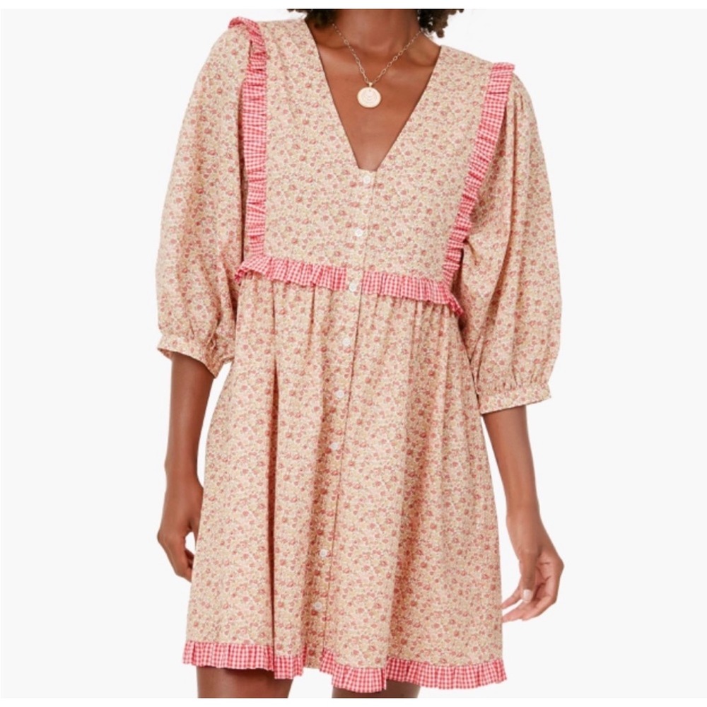 Hyacinth House Dress Womens Small Red Floral Gingham Ruffle Mini V-Neck Balloon